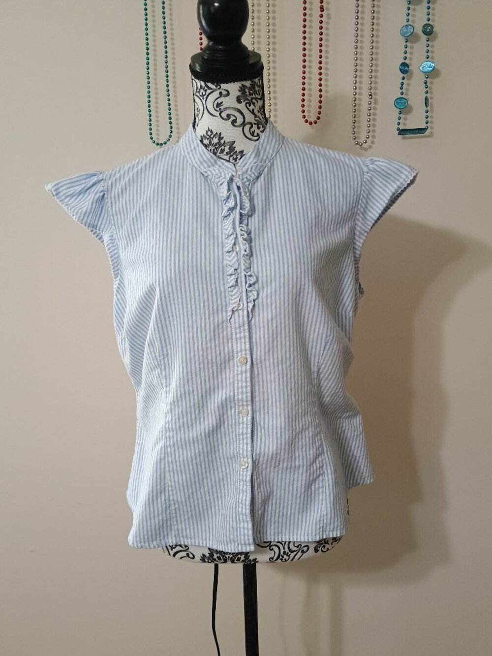 Vintage Tommy Hilfiger Blue Striped Ruffle Blouse Sz. XL